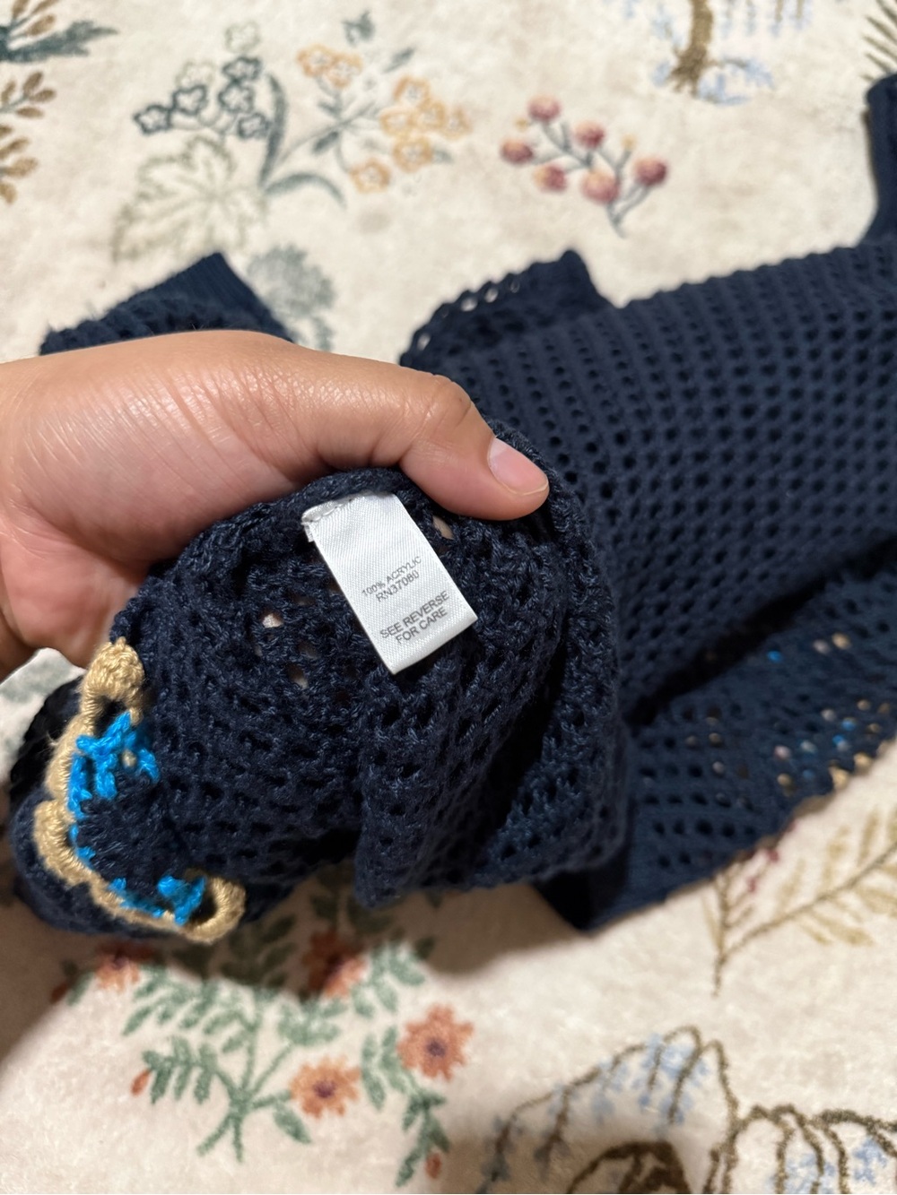 Cato navy blue open-knit sweater featuring decorstive crochet floral patches L - Picture 8 of 8
